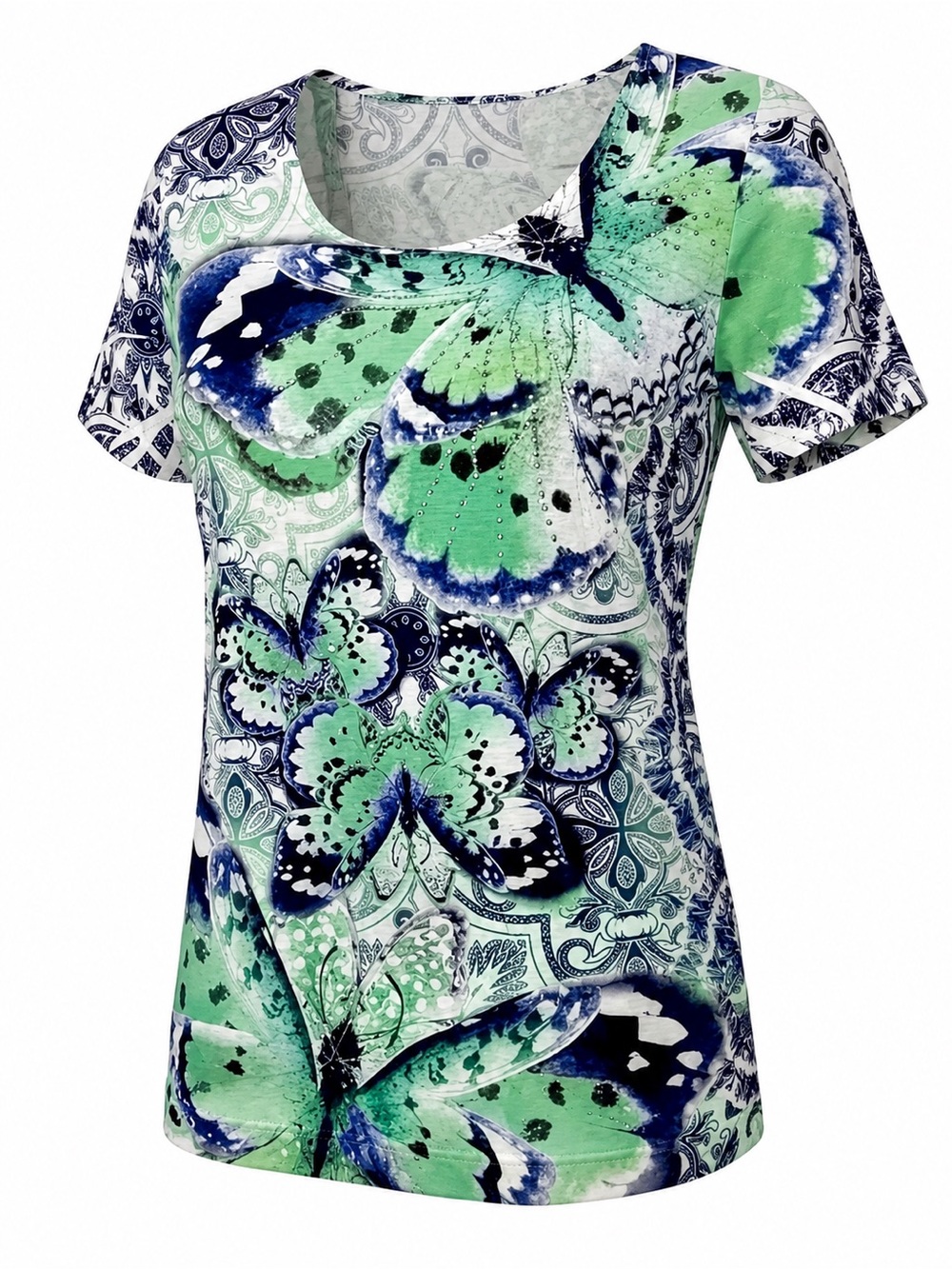 Butterfly Womenโs Live Let Live Blue Green Water Color Slub Knit Lightweight Top